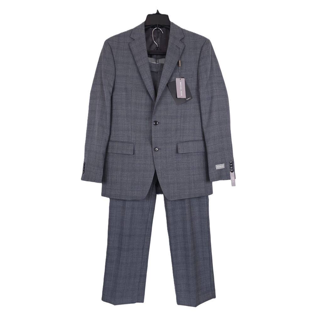 Michael Kors Mens Classic Fit 2 Piece Suit 36R 31x32 Grey Blue Plaid Wool NWT
